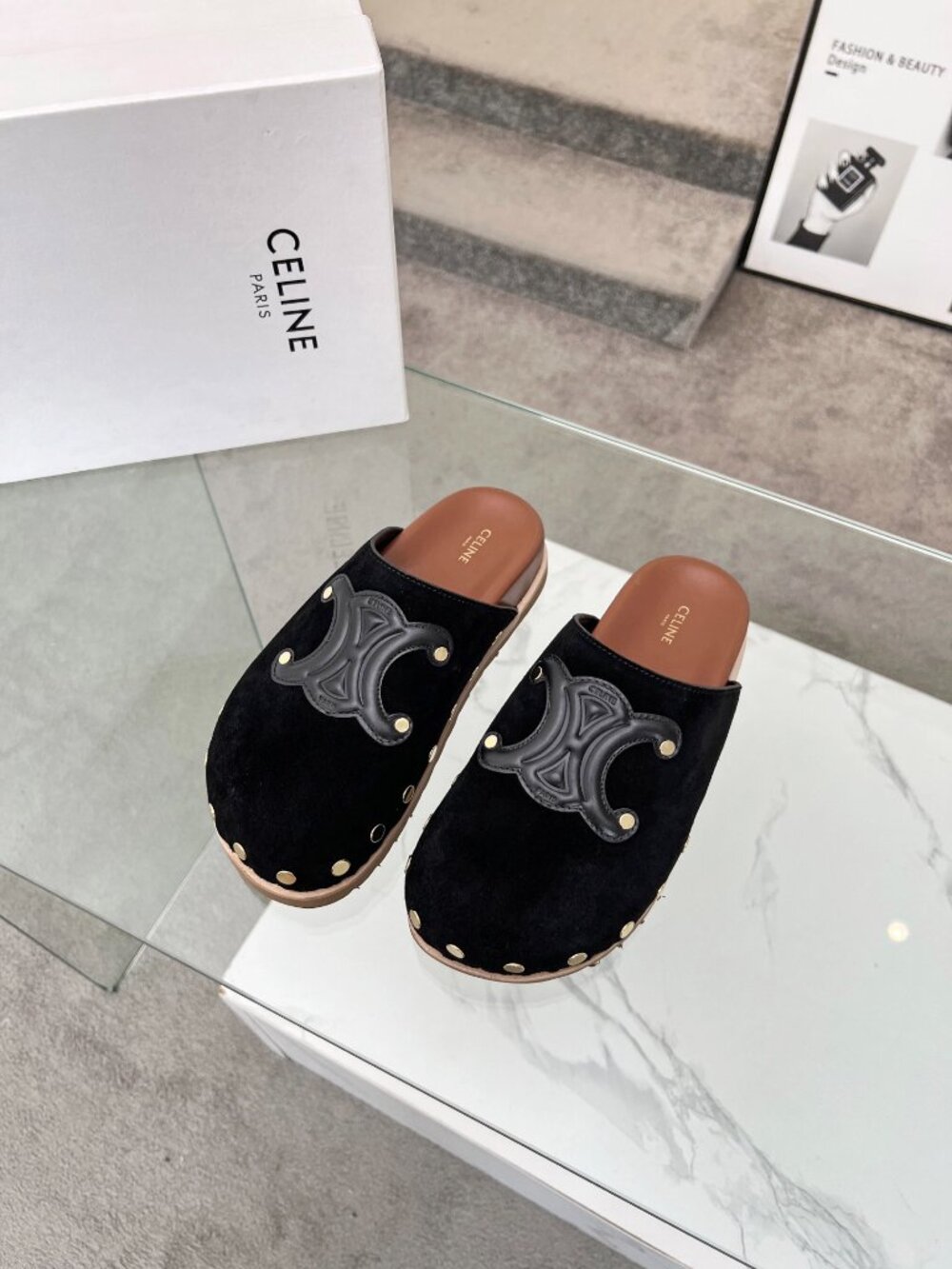 Celine Black embroidered classic slippers